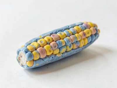 Shucked faded-blue corn cob with each kernel a fingertip dent, slightly slumped,