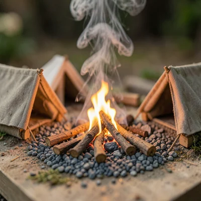 A miniature campfire scene: a real LED flame, tiny tents, sticks for logs, grave