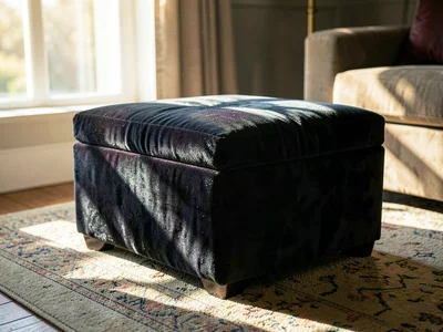 Velvet ottoman in sunbeam, domestic luxury, furniture texture