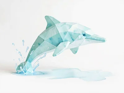 Solid aquamarine lowpoly dolphin frozen mid-leap with crisp polygon edges catchi
