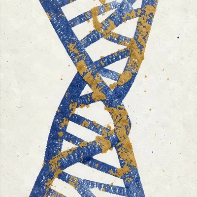 Bold riso poster of a halftone DNA double helix abstracted in indigo and ochre, 