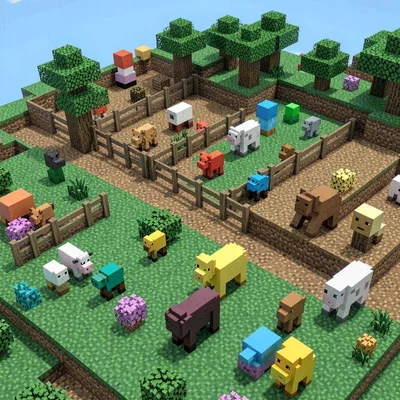 Voxel 3D illustration, voxel farm with animals , cubic voxel construction, block