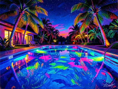 Swimming pool at night, vaporwave colored underwater lights, palm tree reflectio