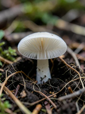 Fly agaric mushroom emerging from soil — button stage with white veil still inta