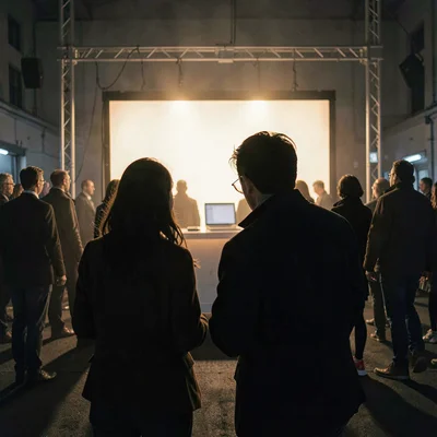 Atmospheric crowd shot from behind two buyers silhouetted before a glowing booth