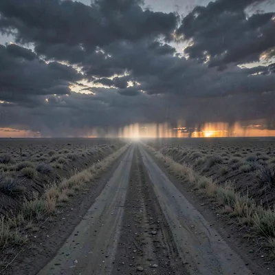 Vast horizontal landscape, extreme width composition, A dirt road running straig