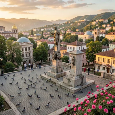 Historical layers visible simultaneously in Plovdiv, Bulgaria, communist monumen