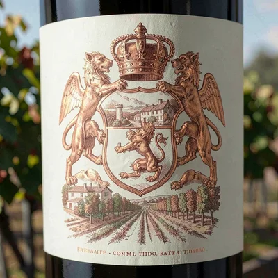 Wine label illustration, Coat of arms with lions and crown , elegant estate scen