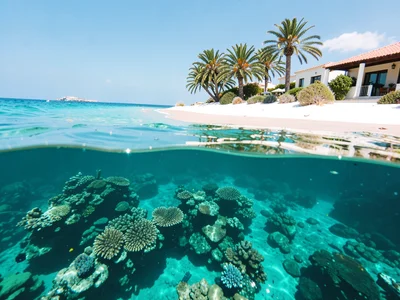 Coral reef ecosystem below, pristine white sand beach and palm tree above the wa