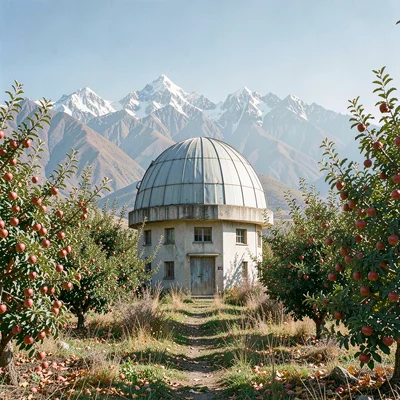 Tian Shan mountains behind Soviet Almaty, abandoned Soviet observatory dome, app