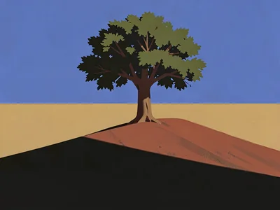 Bottle-tree stands alone on a copper-red rise above a vast ochre basin under a l