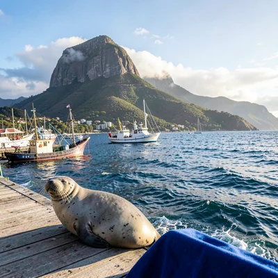 Cape Town mountain-sea duality, Table Mountain backdrop, seal lounging on dock, 