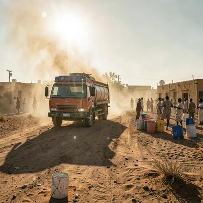 Desert environment photograph, extreme heat conditions, A water truck arriving a