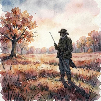 atmospheric autumn field with a falconer silhouette at dusk