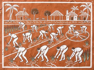 Paddy field planting — row of bent figures inserting seedlings into water-lined 