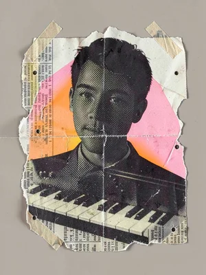 Photographic collage portrait poster of a torn newsprint silhouette of a synthes