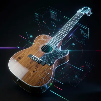 Guitar half polished wood photo, half 3D wireframe model, dramatic lighting