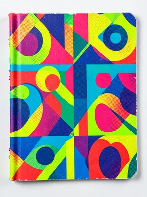 Notebook cover in Memphis design pattern, bold shapes, neon markers