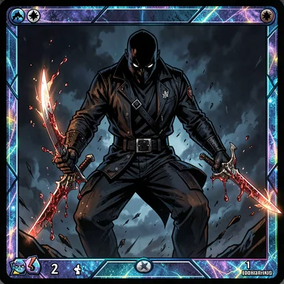 Trading card game illustration, a shadowy assassin materializing from darkness, 