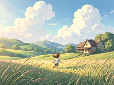 Child running through a field of tall grass toward a farmhouse, wind bending the