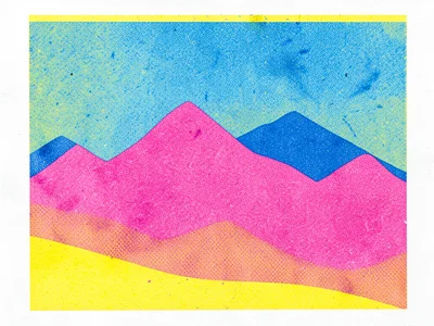 Three-color risograph: yellow base, pink mid-layer, blue top, abstract mountain 
