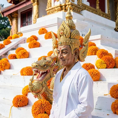 Lanna temple detail, Chiang Mai sacred ornament, orange marigolds arranged as of