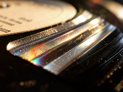Record label edge where paper meets vinyl, transition from printed text to machi