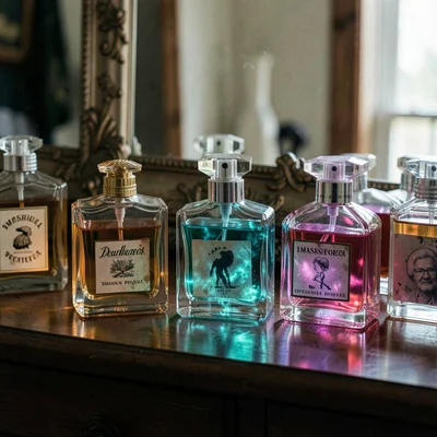 Dead grandmother's perfume bottles on a vanity, expired Impossible Project film 