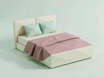 Made cream lowpoly bed with mint pillow rectangle and a triangulated dusty-pink