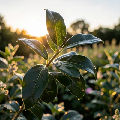 A bay laurel branch, the glossy dark leaves reflecting sky, one leaf catching di