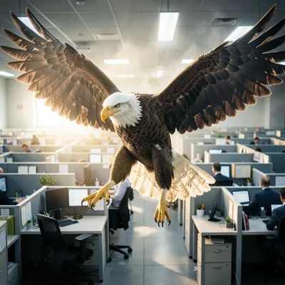 A majestic bald eagle soaring dramatically over a cubicle farm office