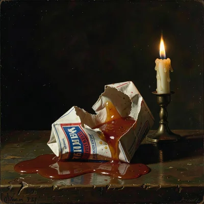 Ketchup packet torn open with sauce pooling, treated like spilled communion wine