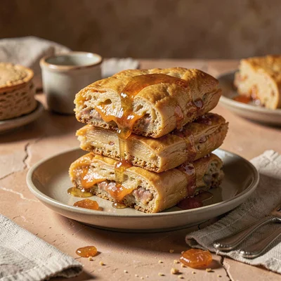 Warm desert-toned photograph, Stack of freshly made knafeh pastry, orange-red ch