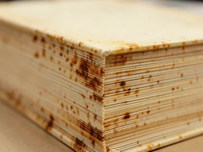 Foxed book edge, brown age spots visible on page ends creating speckled warm pat