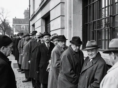 Long line of people waiting outside a building, seen from the end of the line, h