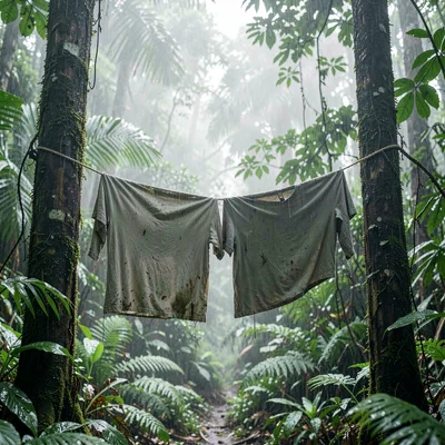 Tropical rainforest photograph, humid jungle atmosphere, Clothes hanging to dry 