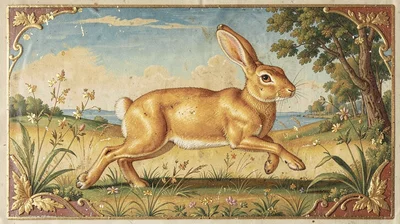 Egg tempera illustration, golden hare running through meadow , yolk-bound pigmen