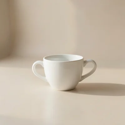 Minimalist photography of a single white coffee cup on a clean matte surface, soft natural window light, subtle shadow, 
