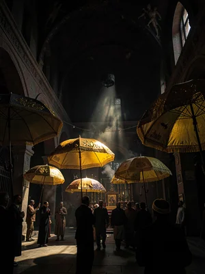 Dramatic light through darkness in Addis Ababa, Ethiopia, Processional umbrellas