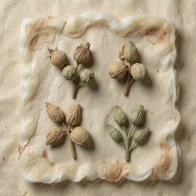 Cluster of seed pods, four different shapes, arranged in a small grid on a squar