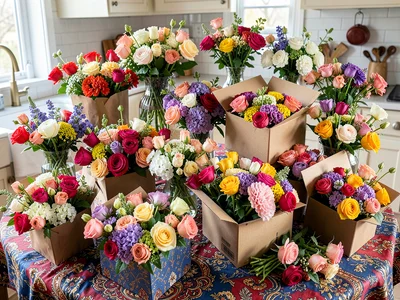 A kitchen table covered with a fresh flower delivery — boxes open, every surface