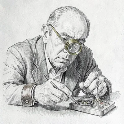 A watchsmith leans forward intently, brass loupe screwed into hidden eye, tweeze