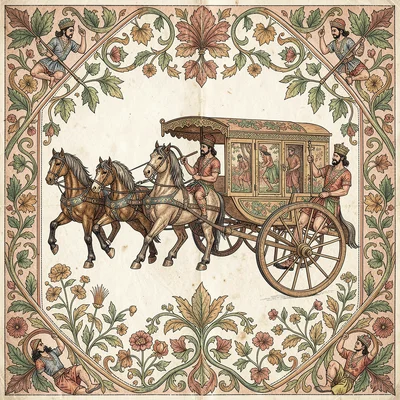Kalamkari pen illustration, a chariot with horses and warrior figures , hand-dra