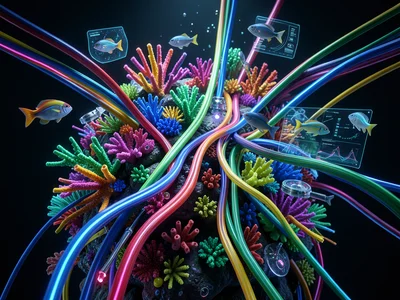 Coral reef but corals are colorful ethernet cables, fish swimming between