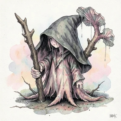 Hooded swamp witch fungus with a crooked staff, brittle gills, deep stipple shad