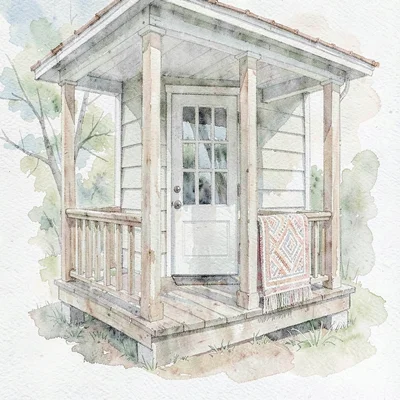 Pale wash of a small farm-mill front porch with a handwoven rug folded over a ra