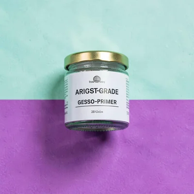 single sealed glass jar of artist-grade gesso-primer with a brass cap top-down o