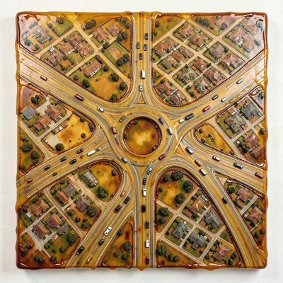A highway interchange cloverleaf with vehicles frozen mid-transit and surroundin