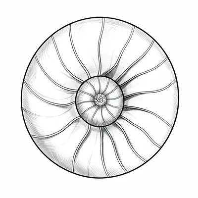 Drafted nautilus shell cut along the spiral axis, internal chambers spaced by gr