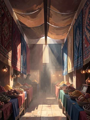 Moroccan spice market with a slim ceiling beam through hung carpets, warm copper